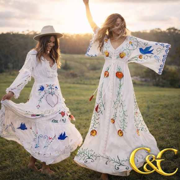Boho Embroidered Bird Heart Maxi Dress | Boutique Luxe Resort | Maternity Floral - Picture 3 of 7